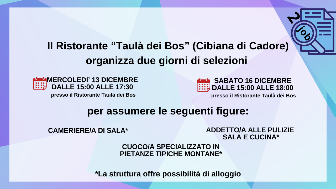Cameriere/a - Cuoco/a - Addetto/a pulizie